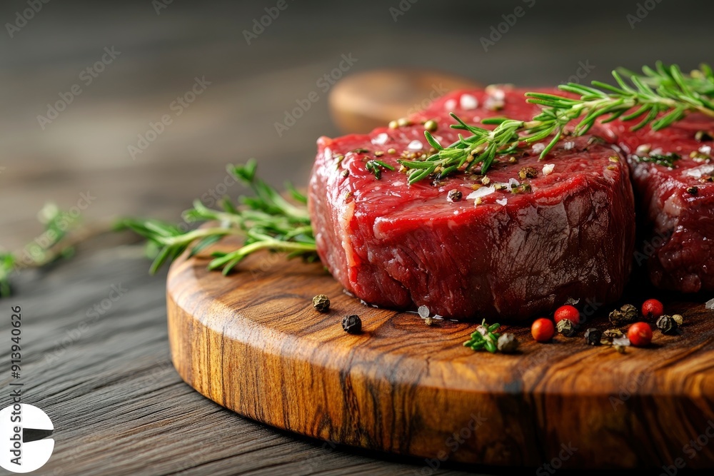 raw steak meat with herbs on wooden board , ai raw steak meat with herbs on wooden board , ai