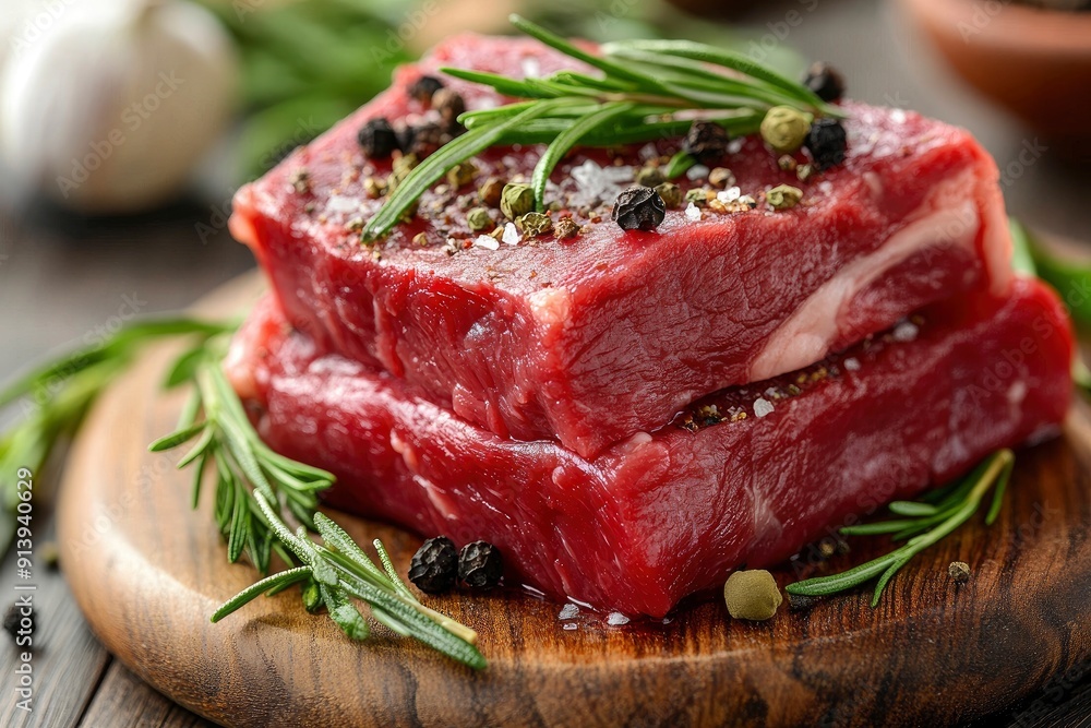 raw steak meat with herbs on wooden board , ai raw steak meat with herbs on wooden board , ai