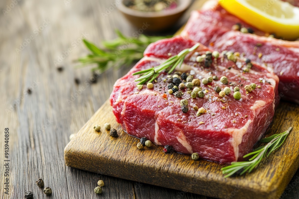 raw steak meat with herbs on wooden board , ai raw steak meat with herbs on wooden board , ai