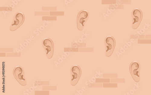 Visualization of the metaphorical phrase "even walls have ears". Ears on a brick wall, flat vector illustration