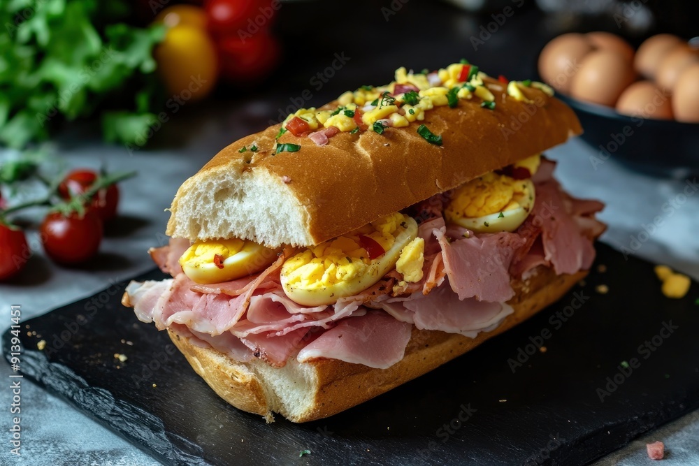 open traditional German sandwich with ham and eggs, ai open traditional German sandwich with ham and eggs, ai