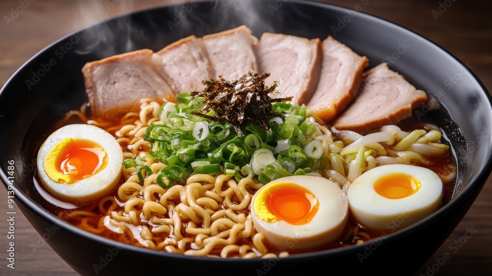Steaming Bowl of Ramen with Pork, Egg, and Green Onions Steaming Bowl of Ramen with Pork, Egg, and Green Onions