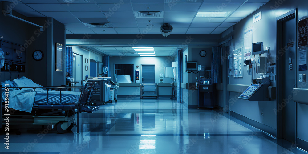 A hospital emergency room operating during a blackout, with backup generators providing limited lighting and medical staff working diligently to care for patients. A hospital emergency room operating during a blackout, with backup generators providing limited lighting and medical staff working diligently to care for patients.