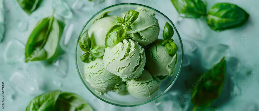 Obraz premium A refreshing bowl of green ice cream garnished with fresh basil leaves, set against a cool, mint-green backdrop with scattered ice cubes.