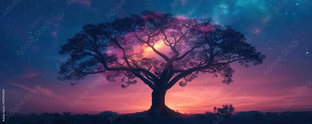 Obraz premium Enchanting tree silhouette against a vibrant, colorful twilight sky with stars, creating a surreal and mystical ambiance.