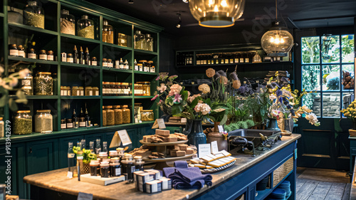 Details and products on shelves in the English counryside farm shop, small business, country style design