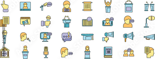 Rhetoric icons set outline vector. Distance lecture. Audience ballot thin line color flat on white