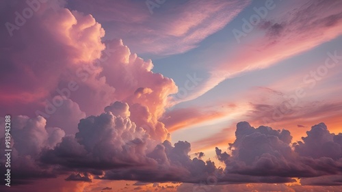 A dreamy background of a pastel sky at sunset, with soft pink, purple, and orange hues blending together, scattered with fluffy clouds