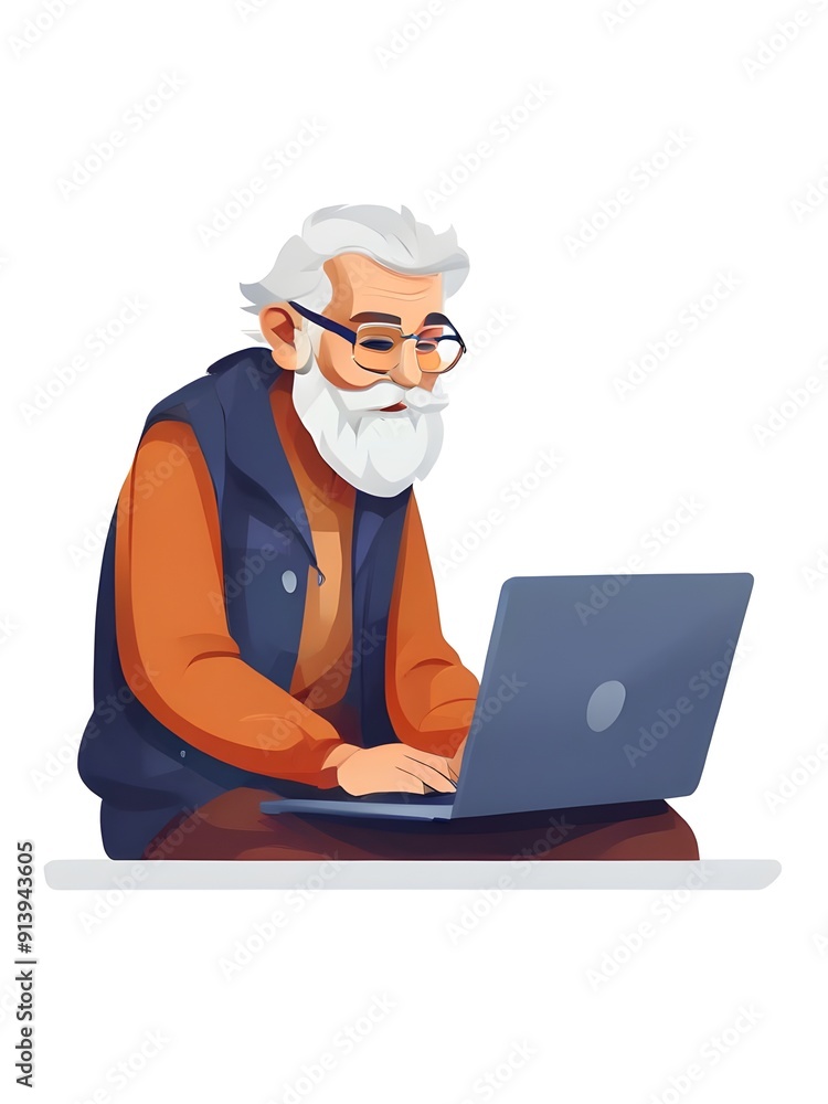 old man use laptop on white background old man use laptop on white background