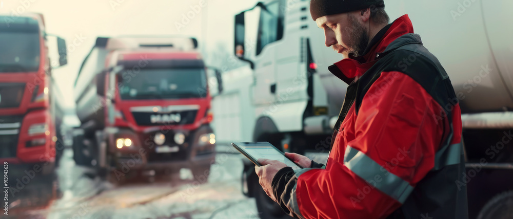 A diligent worker in a red uniform using a tablet in a truck depot, surrounded by heavy-duty vehicles, representing the logistics industry. A diligent worker in a red uniform using a tablet in a truck depot, surrounded by heavy-duty vehicles, representing the logistics industry.