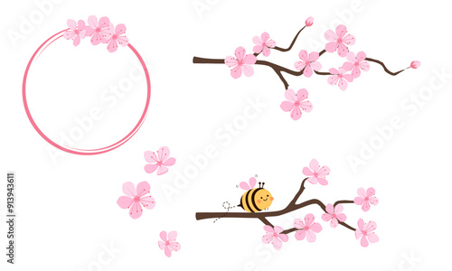 Cherry blossom branch icon set and bee cartoon isolated on white background vector.