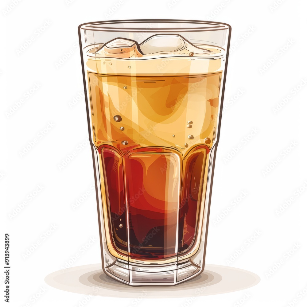 Glass of refreshing brown drink with ice and foam. Glass of refreshing brown drink with ice and foam.