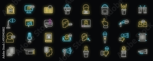 Rhetoric icons set outline vector. Distance lecture. Audience ballot neon color on black
