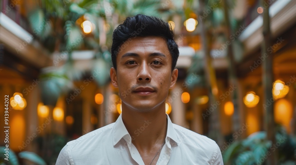 Fototapeta premium A confident man in a white shirt stands in a well-lit, plant-filled space with a relaxed yet focused expression.