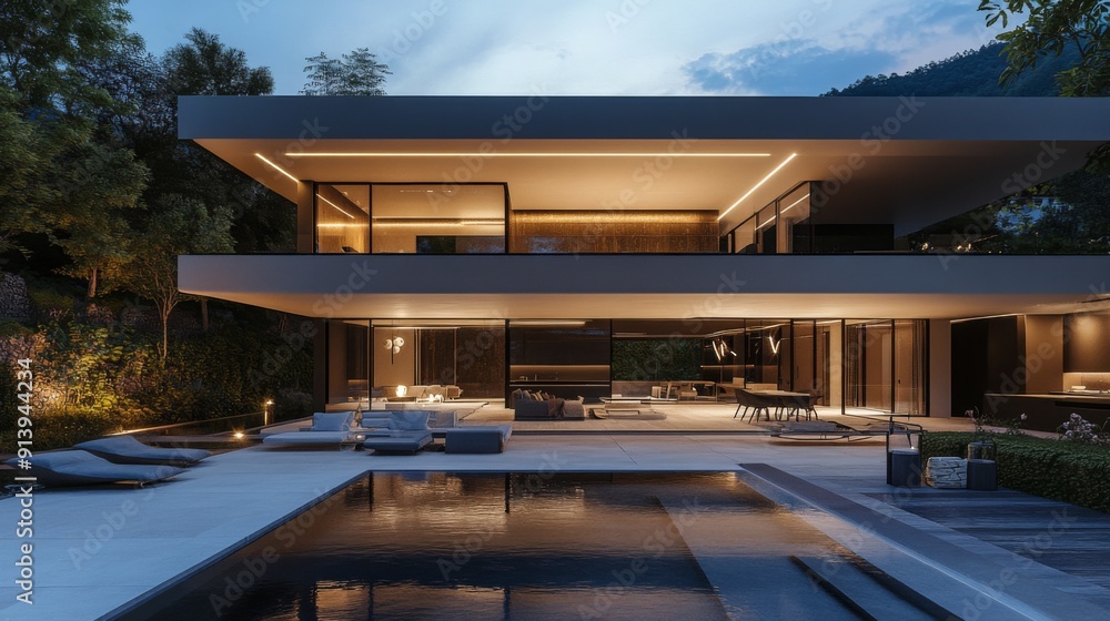 Minimalist modern home 3D rendering with a spacious open floor plan and outdoor patio. Minimalist modern home 3D rendering with a spacious open floor plan and outdoor patio.