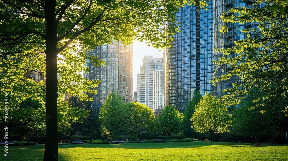 Urban park scene with trees and buildings Urban park scene with trees and buildings