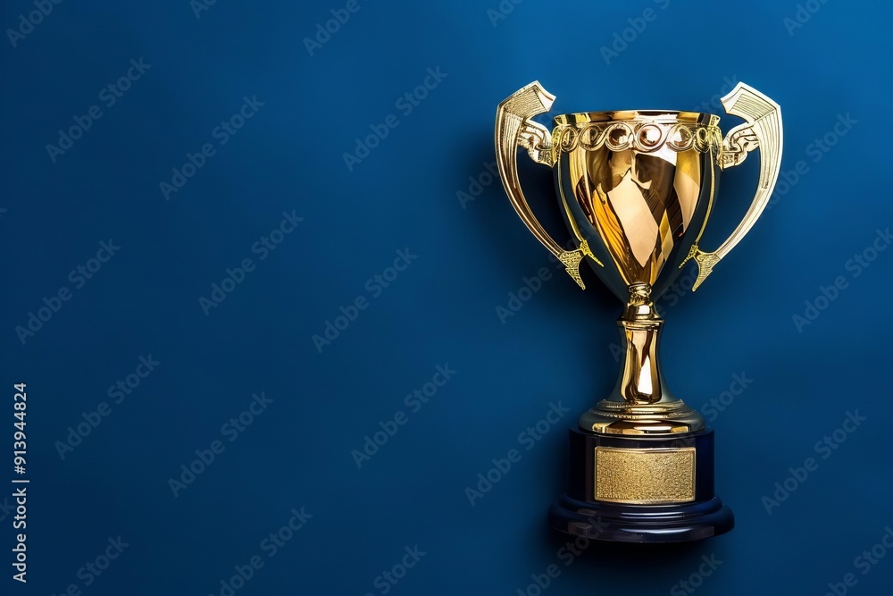Golden trophy on a deep royal blue background With copy space Golden trophy on a deep royal blue background With copy space