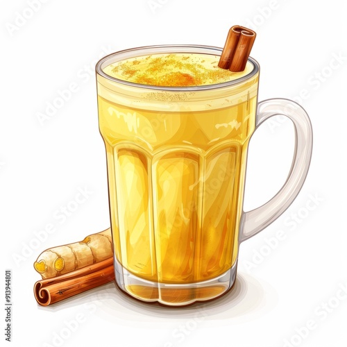 A glass mug of golden turmeric latte with a cinnamon stick and ginger root. photo