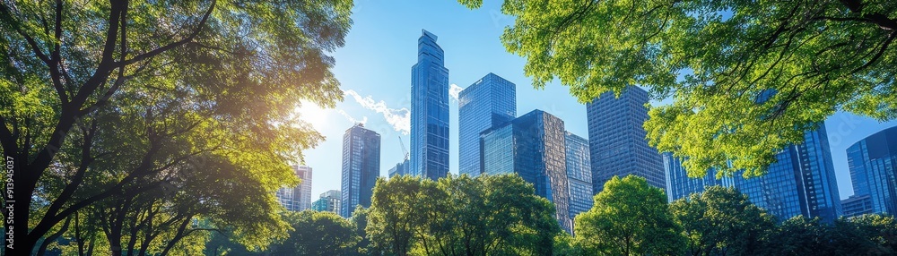 Urban park scene with trees and buildings Urban park scene with trees and buildings