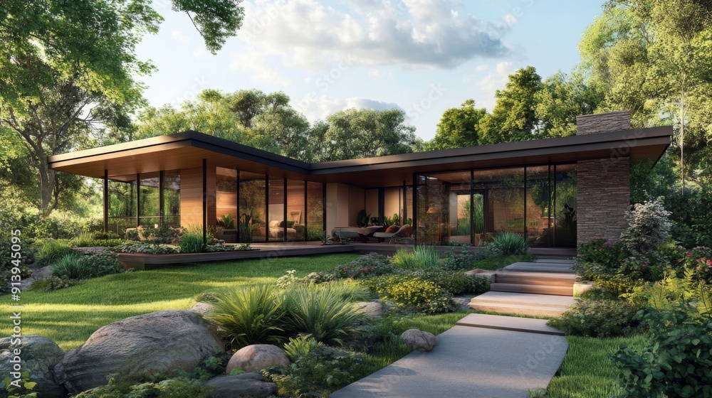 Modern house 3D rendering featuring a cantilevered design and lush landscaping. Modern house 3D rendering featuring a cantilevered design and lush landscaping.