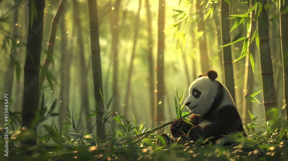 Giant Panda Enjoying Bamboo in Lush Green Bamboo Forest During Late Afternoon Light Giant Panda Enjoying Bamboo in Lush Green Bamboo Forest During Late Afternoon Light