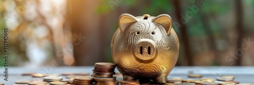 Gold piggy bank with coins background photo