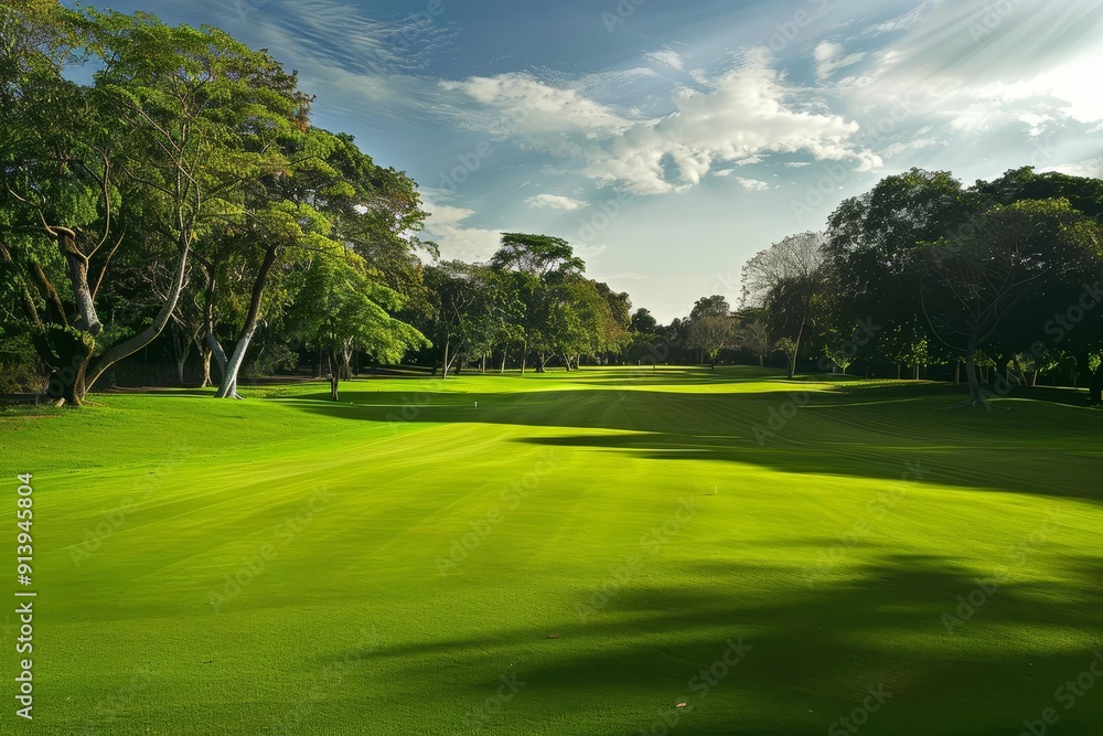Fototapeta premium Scenic golf course with lush green grass and trees under a blue sky.