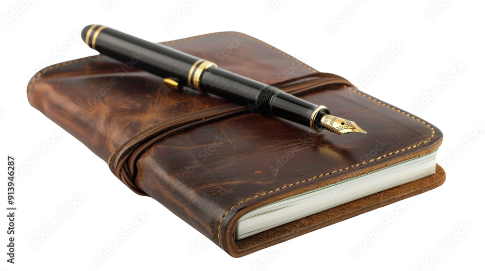 Notebook leather and fountain pen on transparent background Notebook leather and fountain pen on transparent background