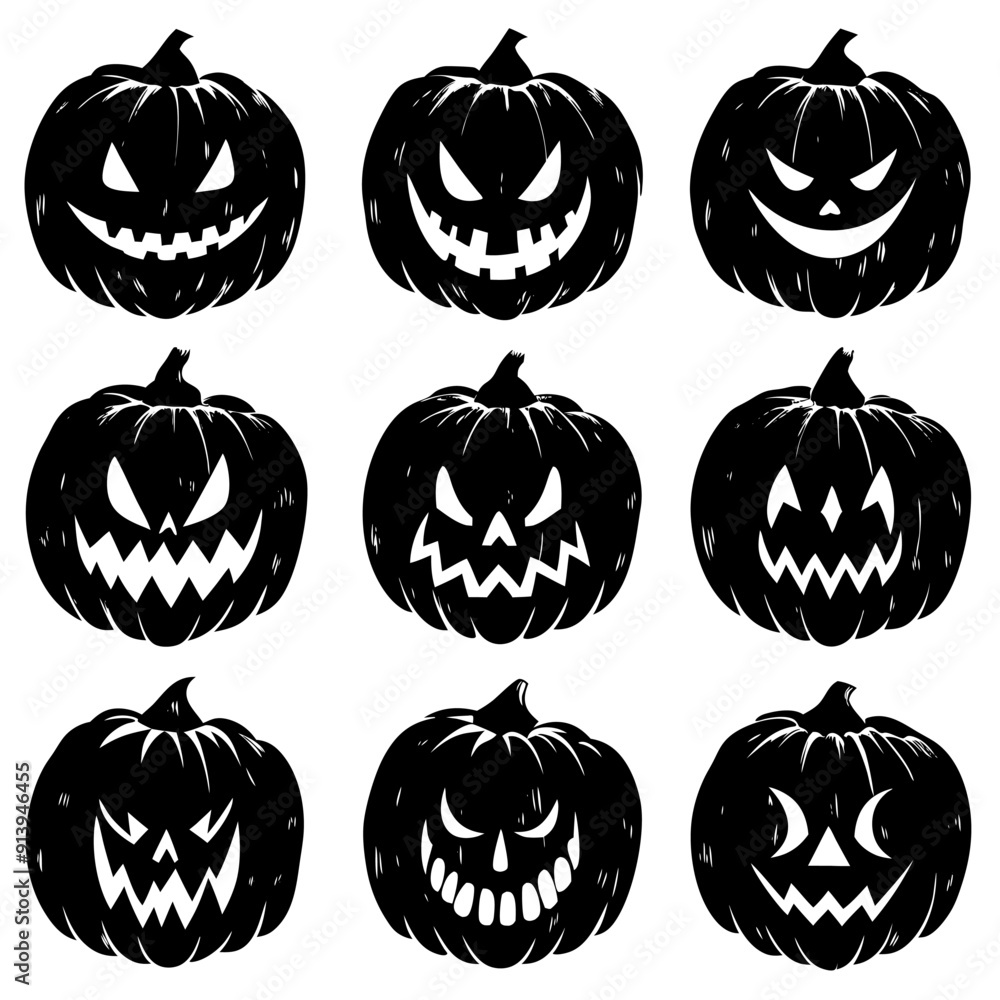 Obraz premium A collection of black and white pumpkins featuring various faces on them