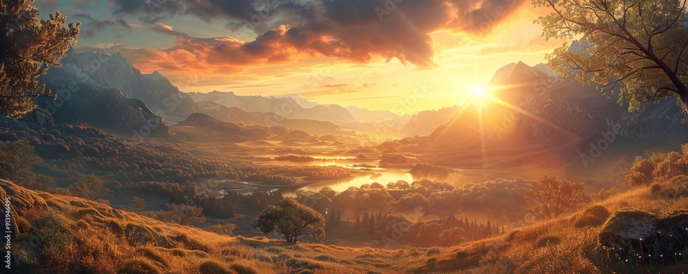 Obraz premium Sunset over a serene valley, 4K hyperrealistic photo