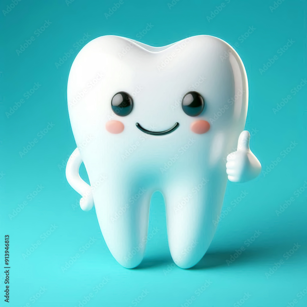 3D funny tooth cartoon on turquoise blue background. Dental health 3D funny tooth cartoon on turquoise blue background. Dental health