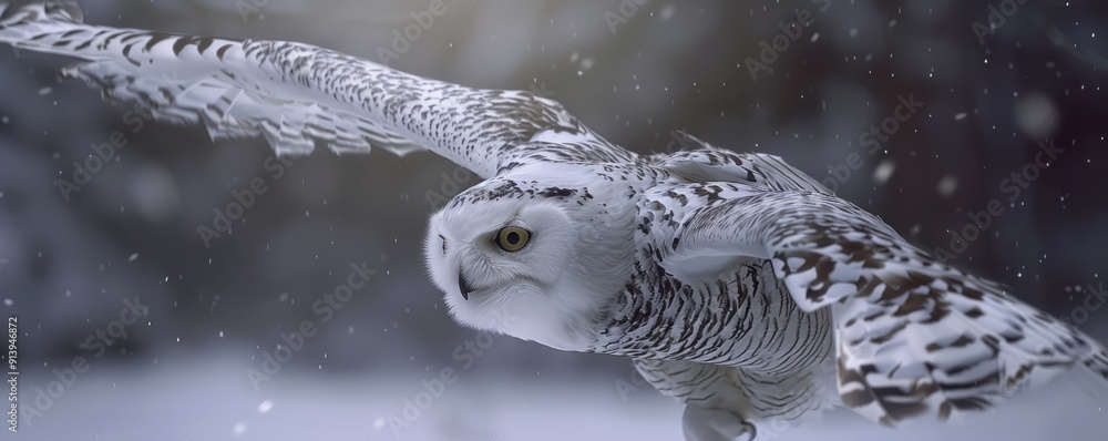 Fototapeta premium Striking snowy owl in flight, 4K hyperrealistic photo