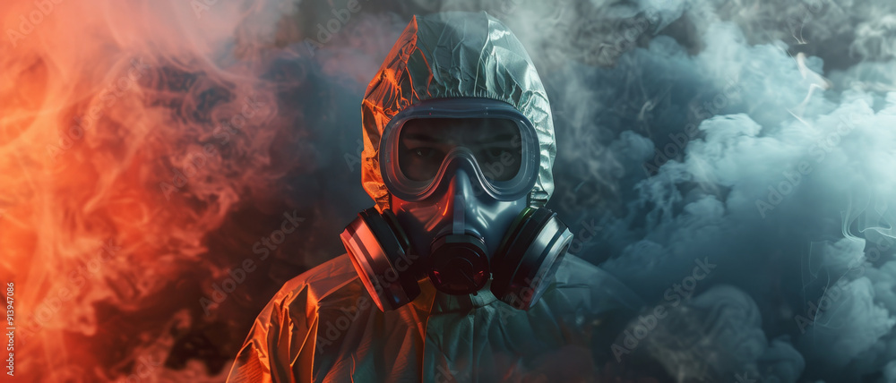 A determined individual in full protective gear, including a gas mask, standing resolutely amidst dense smoke with an orange and blue backdrop. A determined individual in full protective gear, including a gas mask, standing resolutely amidst dense smoke with an orange and blue backdrop.