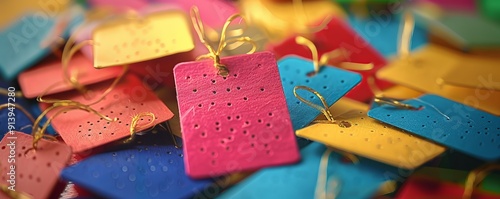 Stack of colorful gift tags, 4K hyperrealistic photo