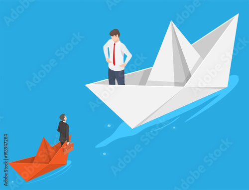 Big and small business competitor isometric vector illustration. Businessmen in bigger and smaller paper boat design. Competition challenge, consolidation, upgrade or thrive of company concept