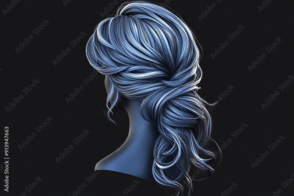 Mysterious Chiaroscuro Portrait of Long-Faced Woman with Wavy Hair in Blue and Gray Tones on Black Background Mysterious Chiaroscuro Portrait of Long-Faced Woman with Wavy Hair in Blue and Gray Tones on Black Background