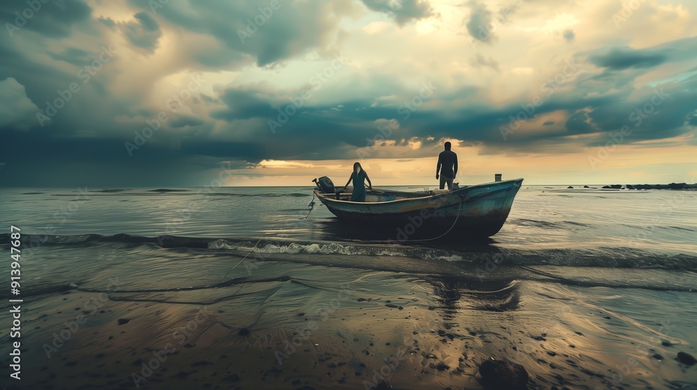 Fototapeta premium Two Fishermen Preparing Their Small Boat for Sunset Fishing on Calm Waters