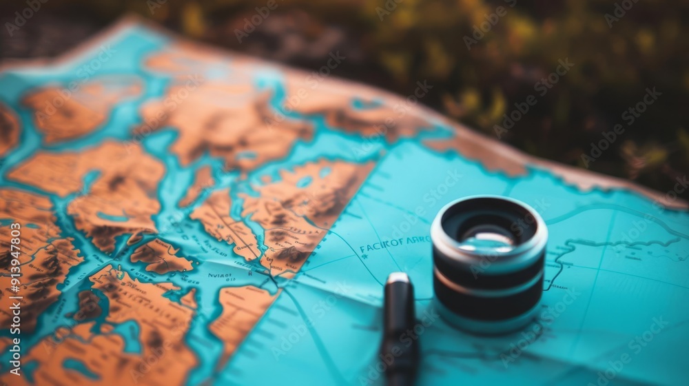 A camera lens rests on a folded map, suggesting a journey of exploration and discovery. A camera lens rests on a folded map, suggesting a journey of exploration and discovery.