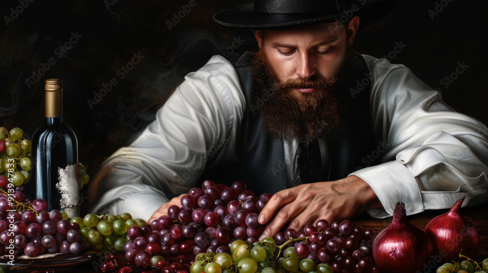 A man reflects during Yom Kippur amid grapes, wine, and vegetables on a table A man reflects during Yom Kippur amid grapes, wine, and vegetables on a table
