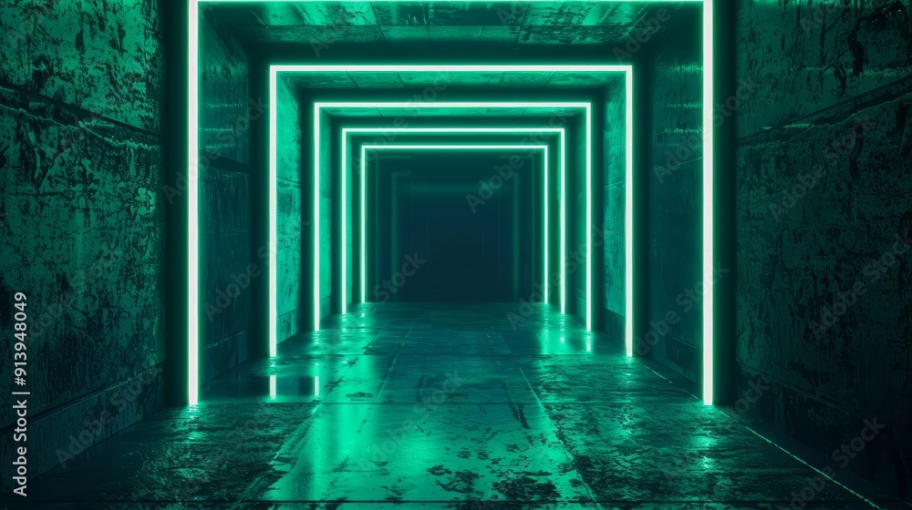 Fototapeta premium Abstract futuristic hallway with glowing neon green lights.