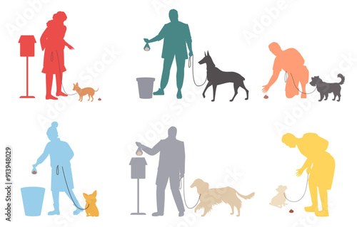 Colorful icon silhouette of people walking dog on leash cleaning up poop outdoors taking care of environment vector illustration