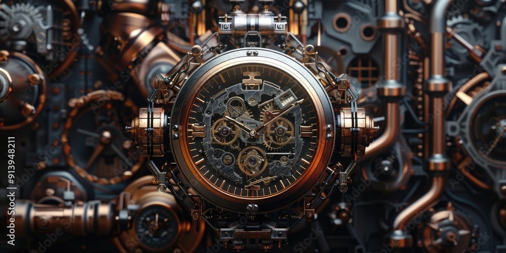 Fototapeta premium Steampunk clock with intricate gears and mechanisms.