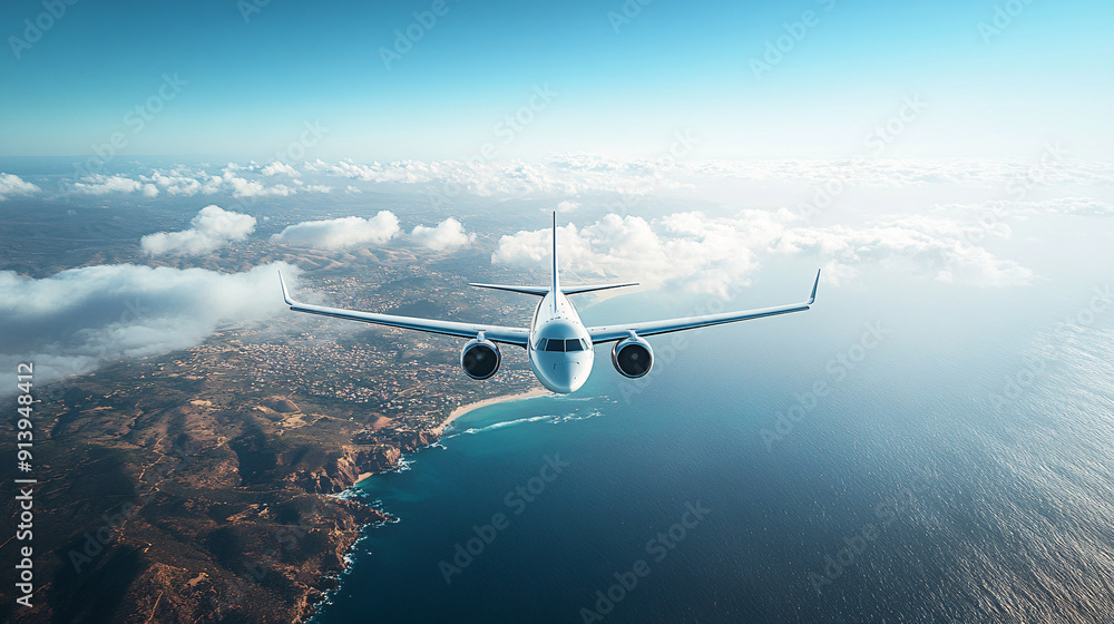 Naklejka premium Majestic Airplane in Flight Over Vast Scenic Landscape with Clear Sky for Text.