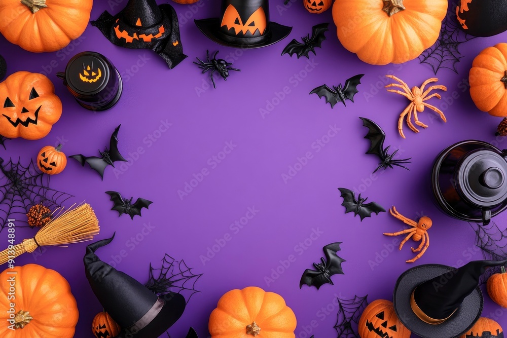 Happy Halloween holiday concept. Frame made of Halloween decor, pumpkins, spiders, bats, witch brooms, pots, hats on purple background. with generative ai Happy Halloween holiday concept. Frame made of Halloween decor, pumpkins, spiders, bats, witch brooms, pots, hats on purple background. with generative ai