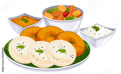 Vada, Idli & Sambar with Tomato & Coconut Chutneys - South Indian Traditional Cuisine Vector Art 