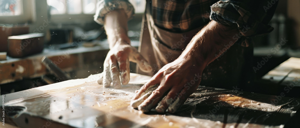 A woodworker's hands skillfully shaping a piece of wood on a workbench in sunlight-filled workshop. A woodworker's hands skillfully shaping a piece of wood on a workbench in sunlight-filled workshop.