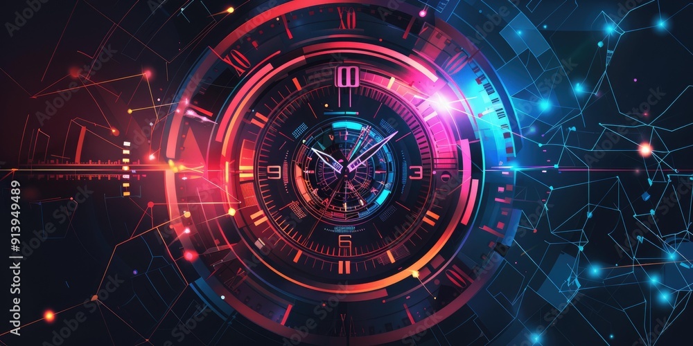 Abstract futuristic clock with glowing lines. Abstract futuristic clock with glowing lines.