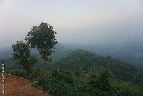 misty morning in the mountains. Beautiful Maraingtong Hill, clouds over the mountains, view from the top of mountain, view of a forest, natural beauty Bandarban. Bangladesh.