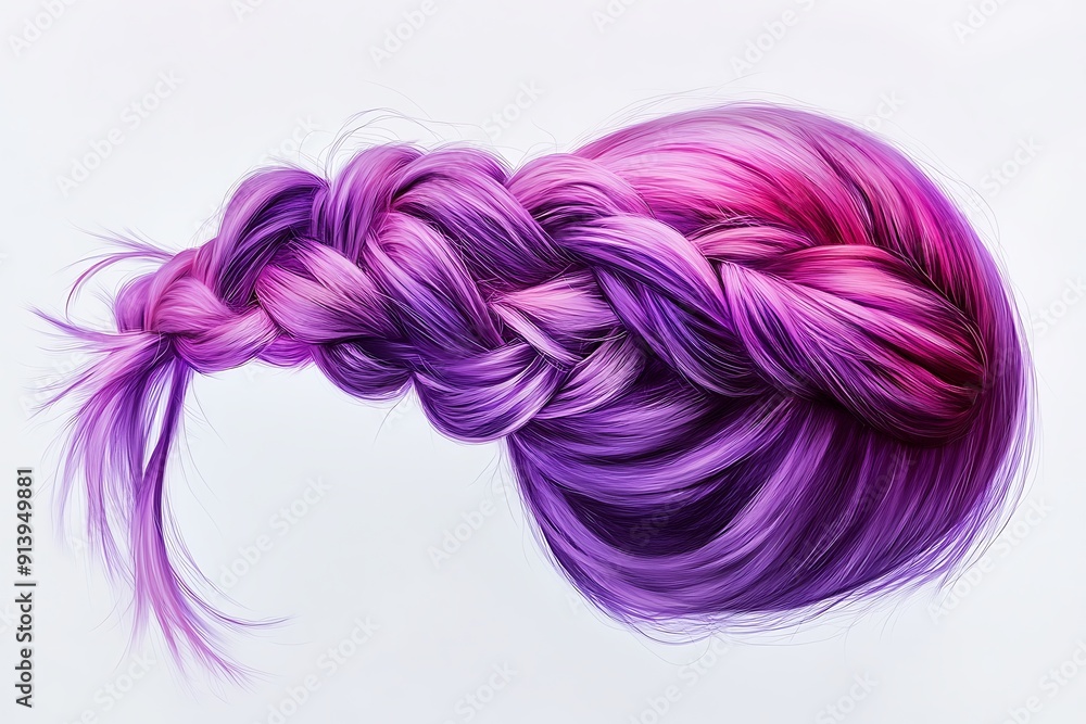 Ethereal and Detailed Chiaroscuro Braided Hairdo in Lavender and Pink Tones on Long-Faced Model, Photorealistic Beauty on Off-White Background