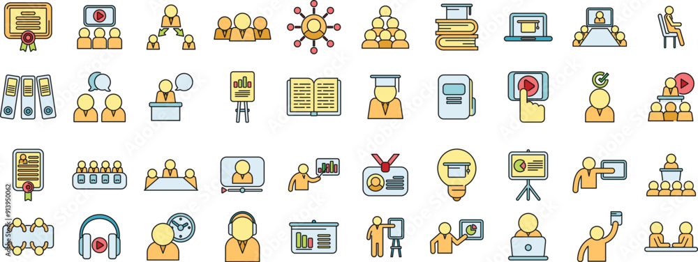 Staff training icons set outline vector. Work team. People training thin line color flat on white Staff training icons set outline vector. Work team. People training thin line color flat on white